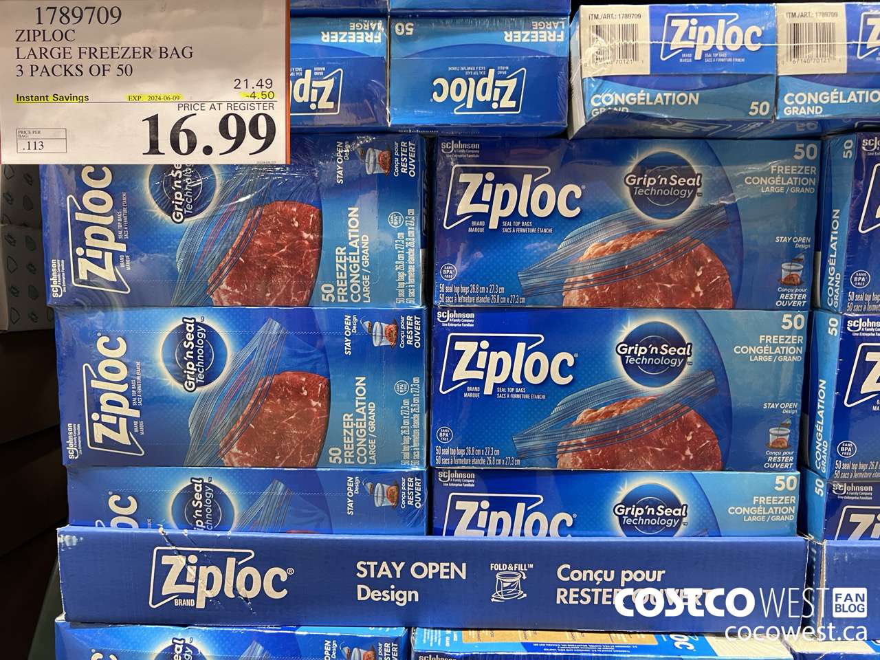 1789709 ZIPLOC LARGE FREEZER BAG 3 X 50 ($4.50 INSTANT SAVINGS EXPIRES ON 2024-06-09) $16.99