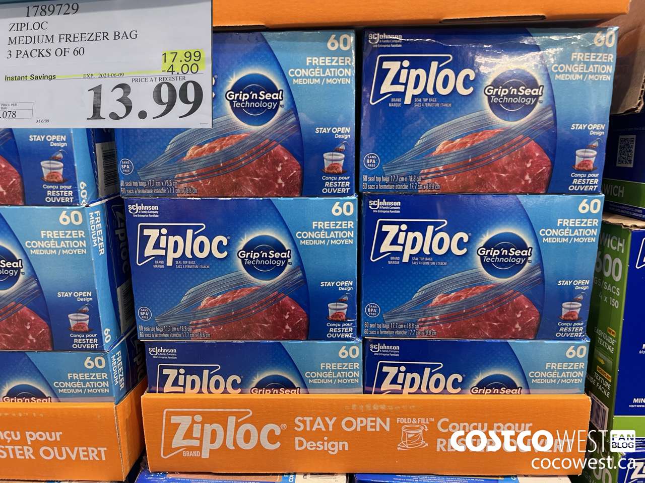 1789729 ZIPLOC MEDIUM FREEZER BAG 3 x 60 ($4.00 INSTANT SAVINGS EXPIRES ON 2024-06-09) $13.99