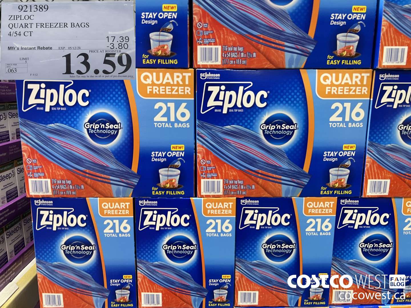 921389 ZIPLOC QUART FREEZER BAGS 4/54 CT ($3.80 INSTANT SAVINGS EXPIRES ON 2024-05-12) $13.59