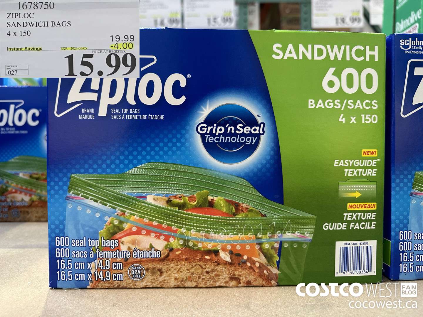 1678750 ZIPLOC SANDWICH BAGS 4 X 150 ($4.00 INSTANT SAVINGS EXPIRES ON 2024-05-05) $15.99