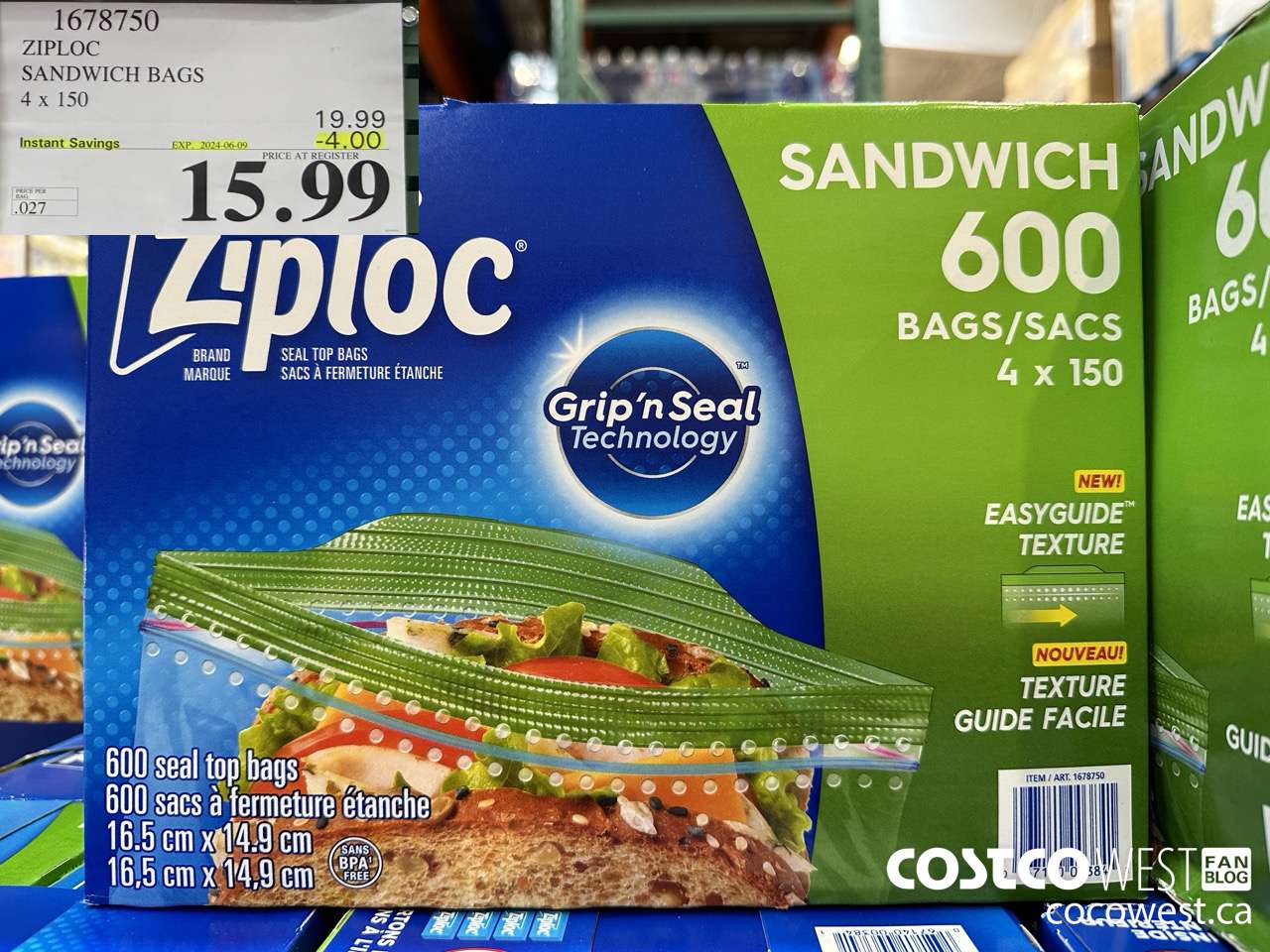 1678750 ZIPLOC SANDWICH BAGS 4 X 150 ($4.00 INSTANT SAVINGS EXPIRES ON 2024-06-09) $15.99