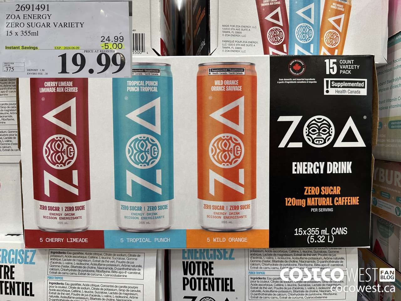 2691491 ZOA ENERGY ZERO SUGAR VARIETY 15 X 355ML ($5.00 INSTANT SAVINGS EXPIRES ON 2024-06-09) $19.99