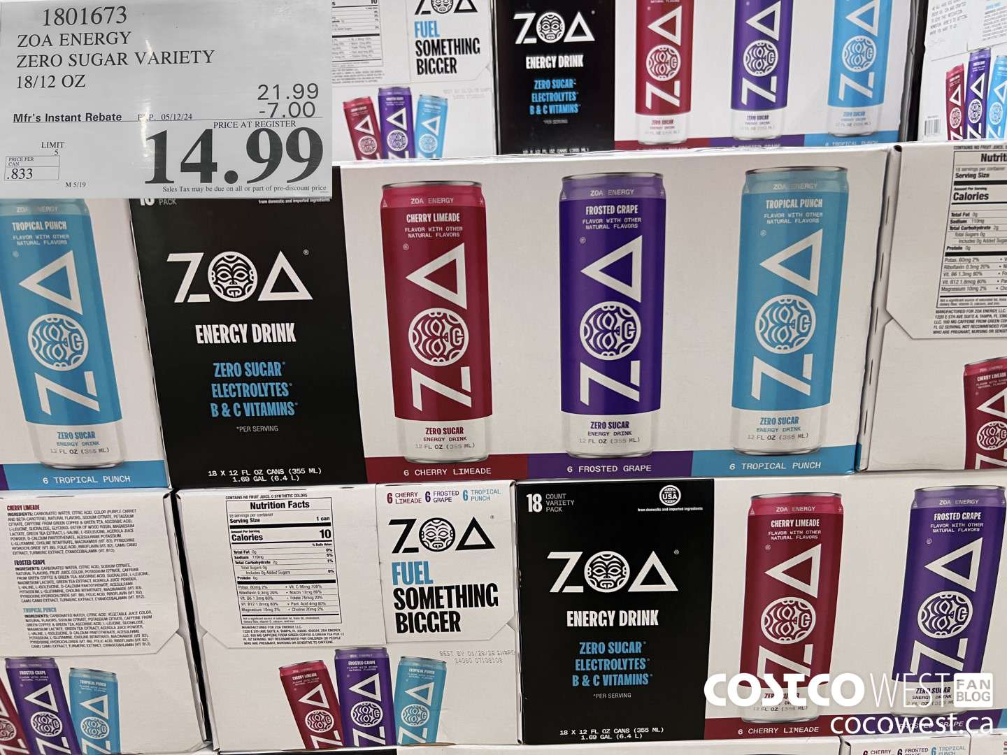1801673 ZOA ENERGY ZERO SUGAR VARIETY 18/12 OZ ($7.00 INSTANT SAVINGS EXPIRES ON 2024-05-12) $14.99