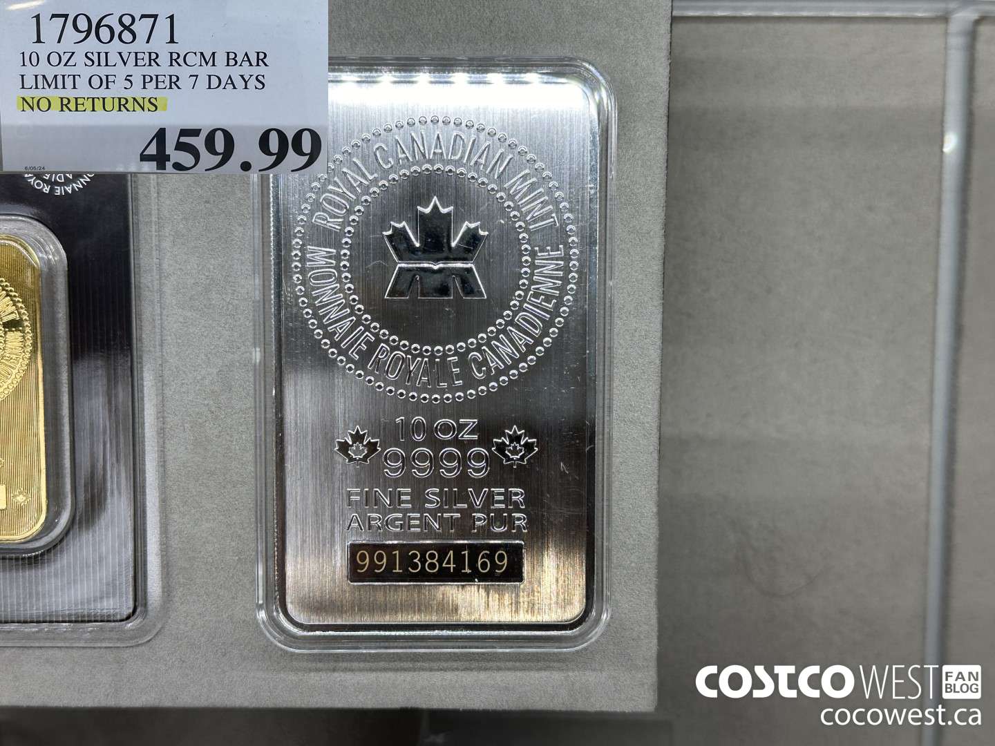 1796871 10 OZ SILVER RCM BAR LIMIT OF 5 PER 7 DAYS NO RETURNS  $459.99
