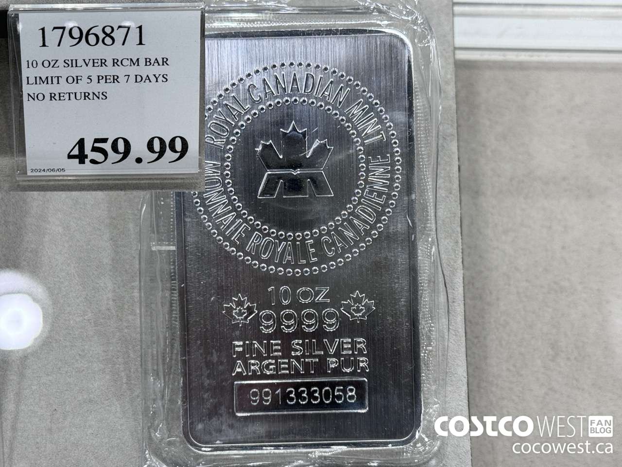 1796871 10 OZ SILVER RCM BAR LIMIT OF 5 PER 7 DAYS NO RETURNS  $459.99