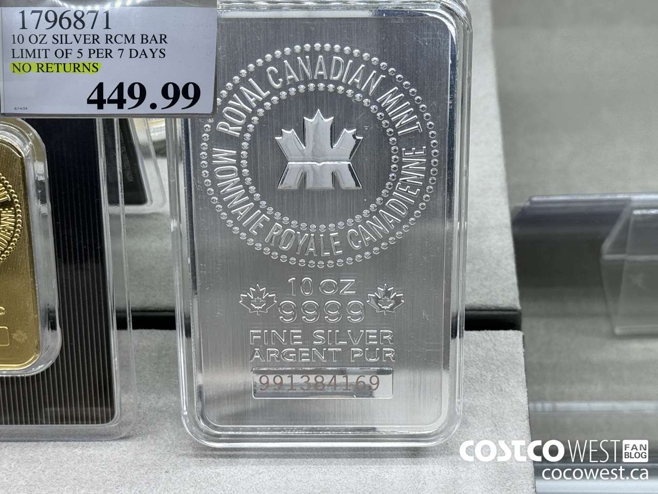1796871 10 OZ SILVER RCM BAR LIMIT OF 5 PER 7 DAYS NO RETURNS  $449.99