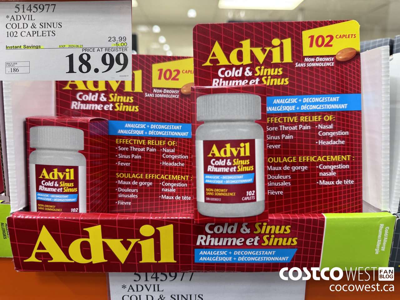 5145977 ADVIL COLD & SINUS 102 CAPLETS ($5.00 INSTANT SAVINGS EXPIRES ON 2024-06-23) $18.99