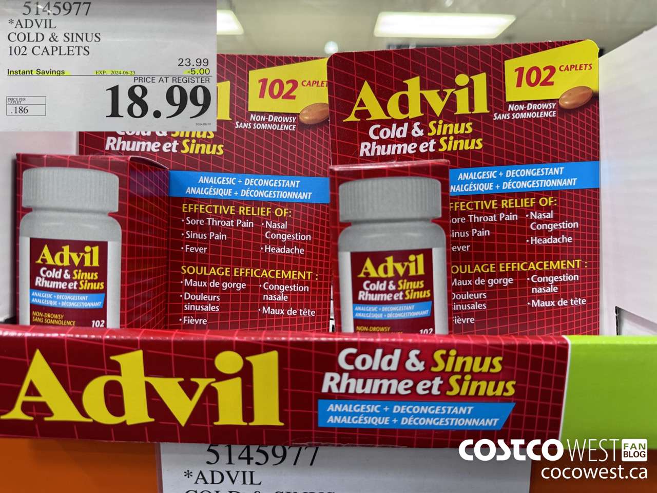 5145977 ADVIL COLD & SINUS 102 CAPLETS ($5.00 INSTANT SAVINGS EXPIRES ON 2024-06-23) $18.99