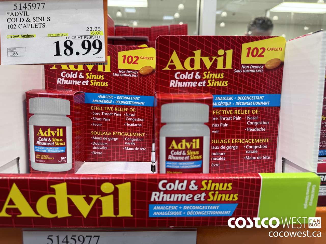 5145977 ADVIL COLD & SINUS 102 CAPLETS ($5.00 INSTANT SAVINGS EXPIRES ON 2024-06-23) $18.99