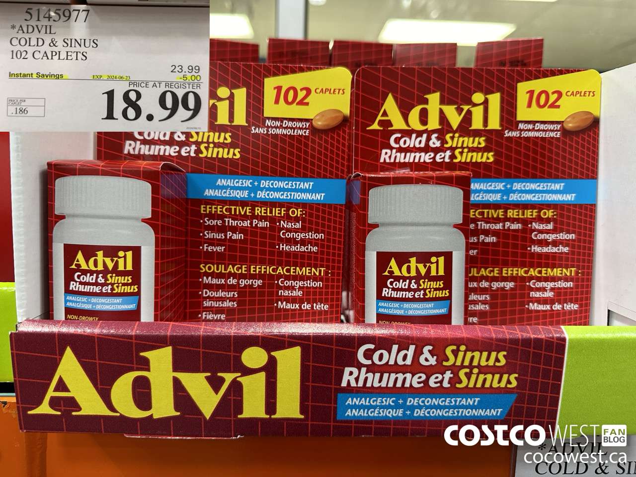 5145977 ADVIL COLD & SINUS 102 CAPLETS ($5.00 INSTANT SAVINGS EXPIRES ON 2024-06-23) $18.99