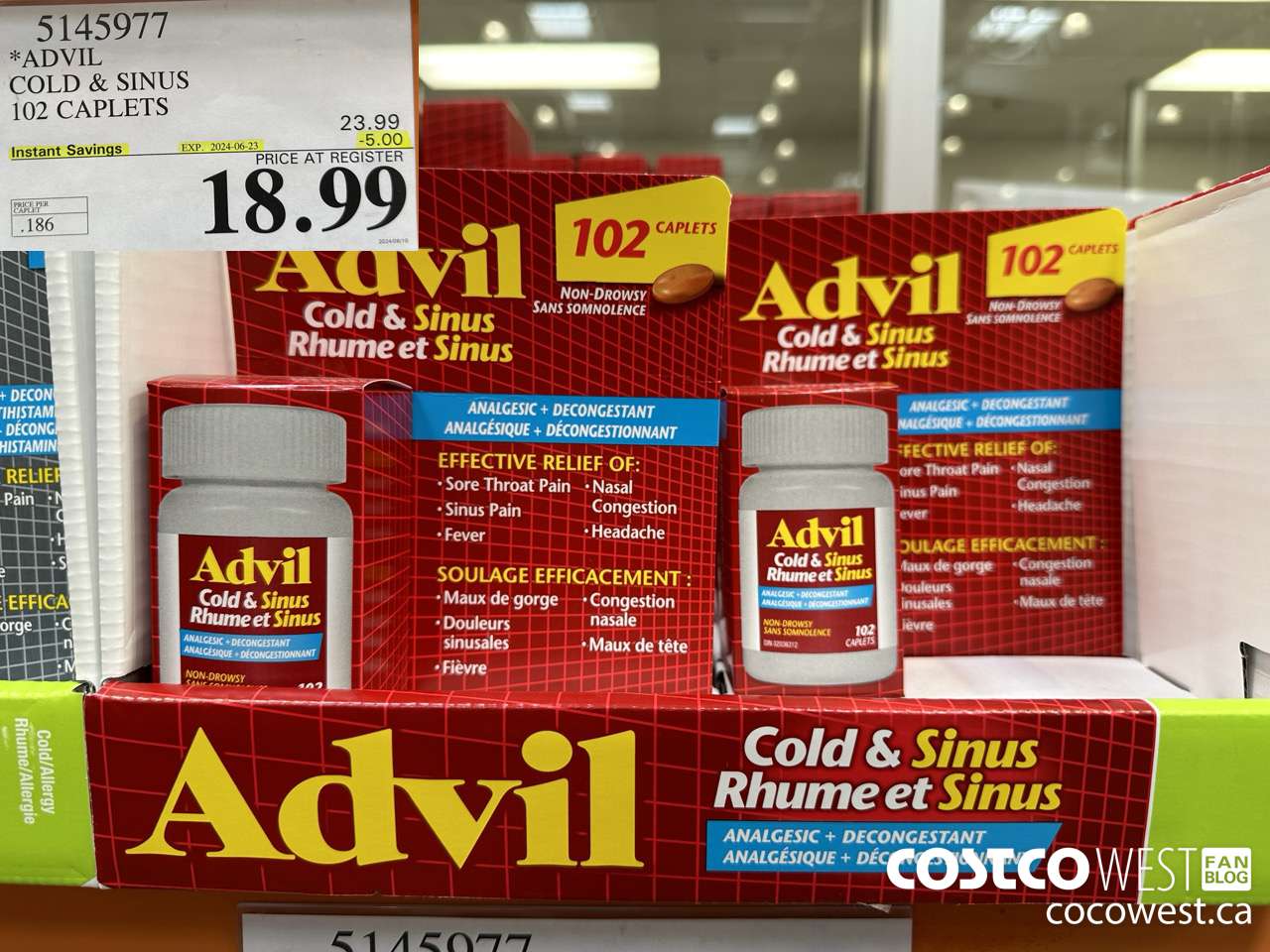 5145977 ADVIL COLD & SINUS 102 CAPLETS ($5.00 INSTANT SAVINGS EXPIRES ON 2024-06-23) $18.99