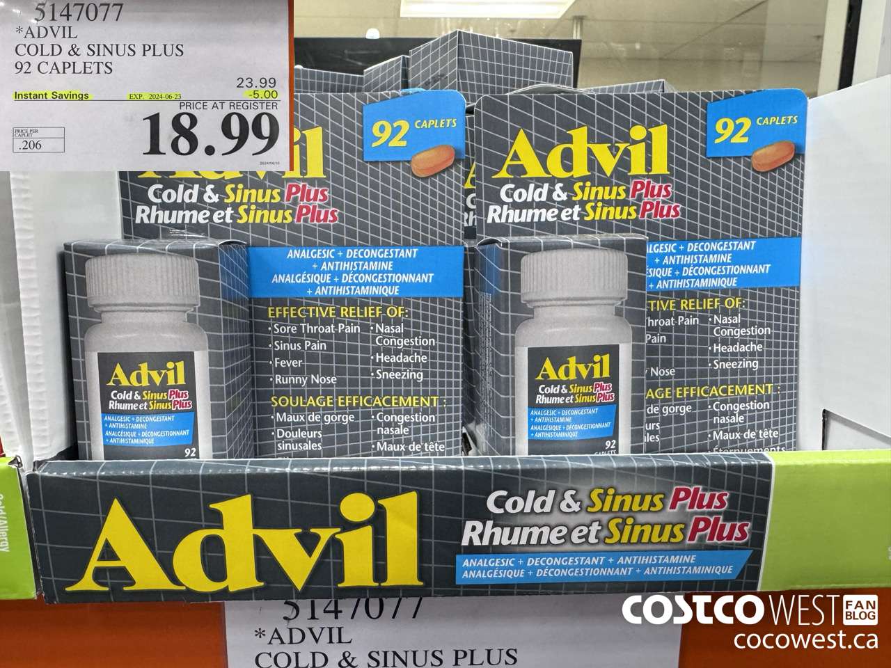5147077 ADVIL COLD & SINUS PLUS 92 CAPLETS ($5.00 INSTANT SAVINGS EXPIRES ON 2024-06-23) $18.99
