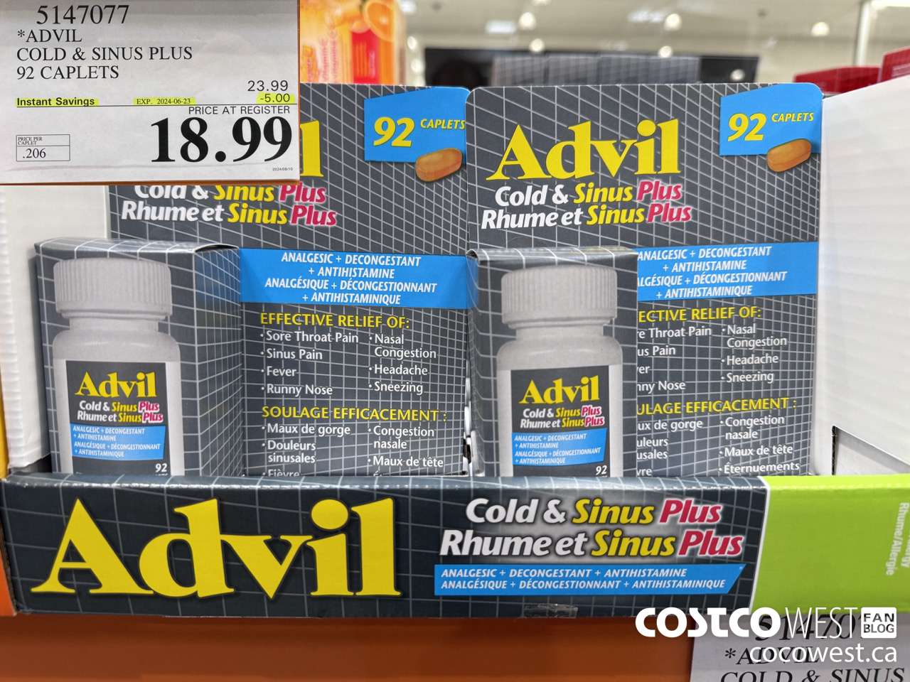 5147077 ADVIL COLD & SINUS PLUS 92 CAPLETS ($5.00 INSTANT SAVINGS EXPIRES ON 2024-06-23) $18.99