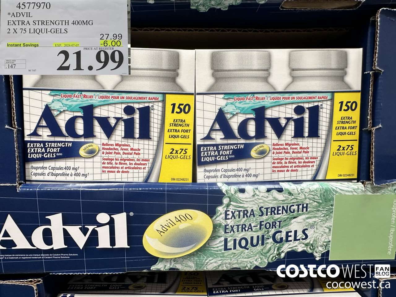4577970 ADVIL EXTRA STRENGTH 400MG 2 X 75 LIQUI-GELS ($6.00 INSTANT SAVINGS EXPIRES ON 2024-07-07) $21.99