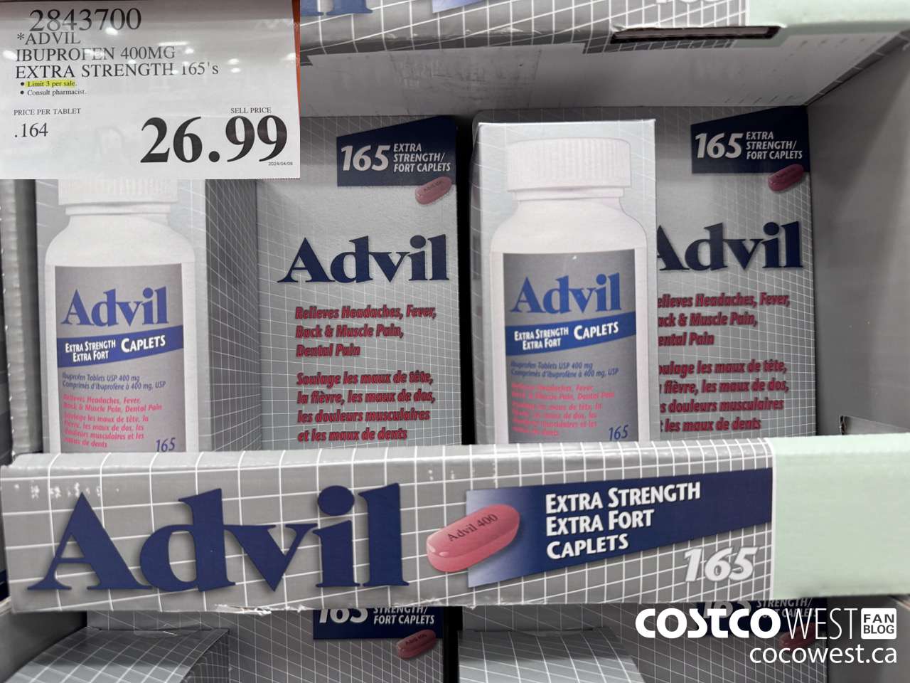 2843700 ADVIL IBUPROFEN 400MG EXTRA STRENGTH 165'S $26.99