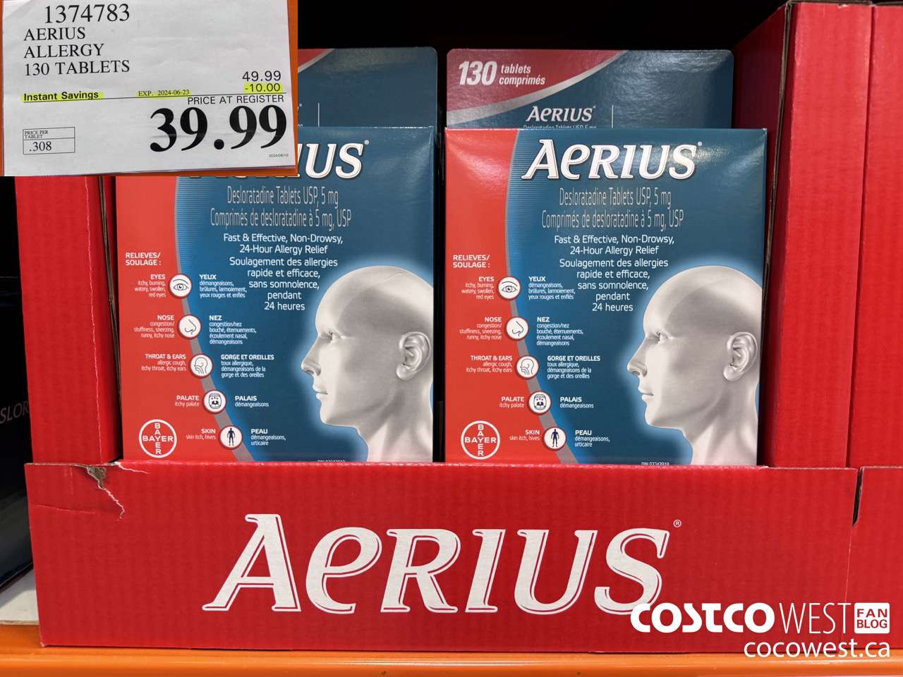 1374783 AERIUS ALLERGY 130 TABLETS ($10.00 INSTANT SAVINGS EXPIRES ON 2024-06-23) $39.99