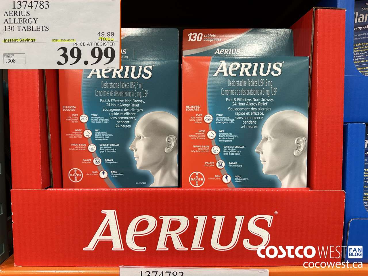 1374783 AERIUS ALLERGY 130 TABLETS ($10.00 INSTANT SAVINGS EXPIRES ON 2024-06-23) $39.99