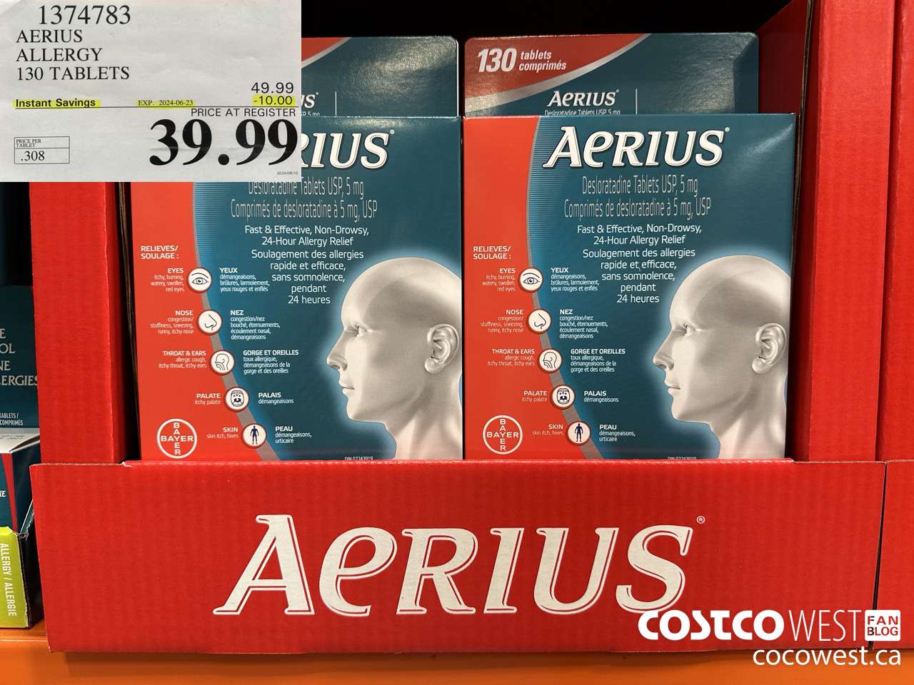 1374783 AERIUS ALLERGY 130 TABLETS ($10.00 INSTANT SAVINGS EXPIRES ON 2024-06-23) $39.99
