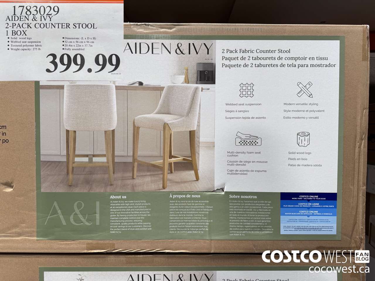 1783029 AIDEN & IVY 2-PACK COUNTER STOOL 1 BOX $399.99