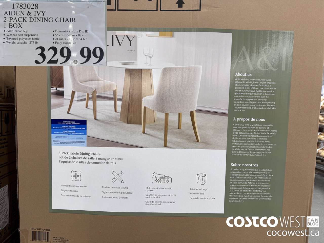 1783028 AIDEN & IVY 2-PACK DINING CHAIR 1 BOX $329.99