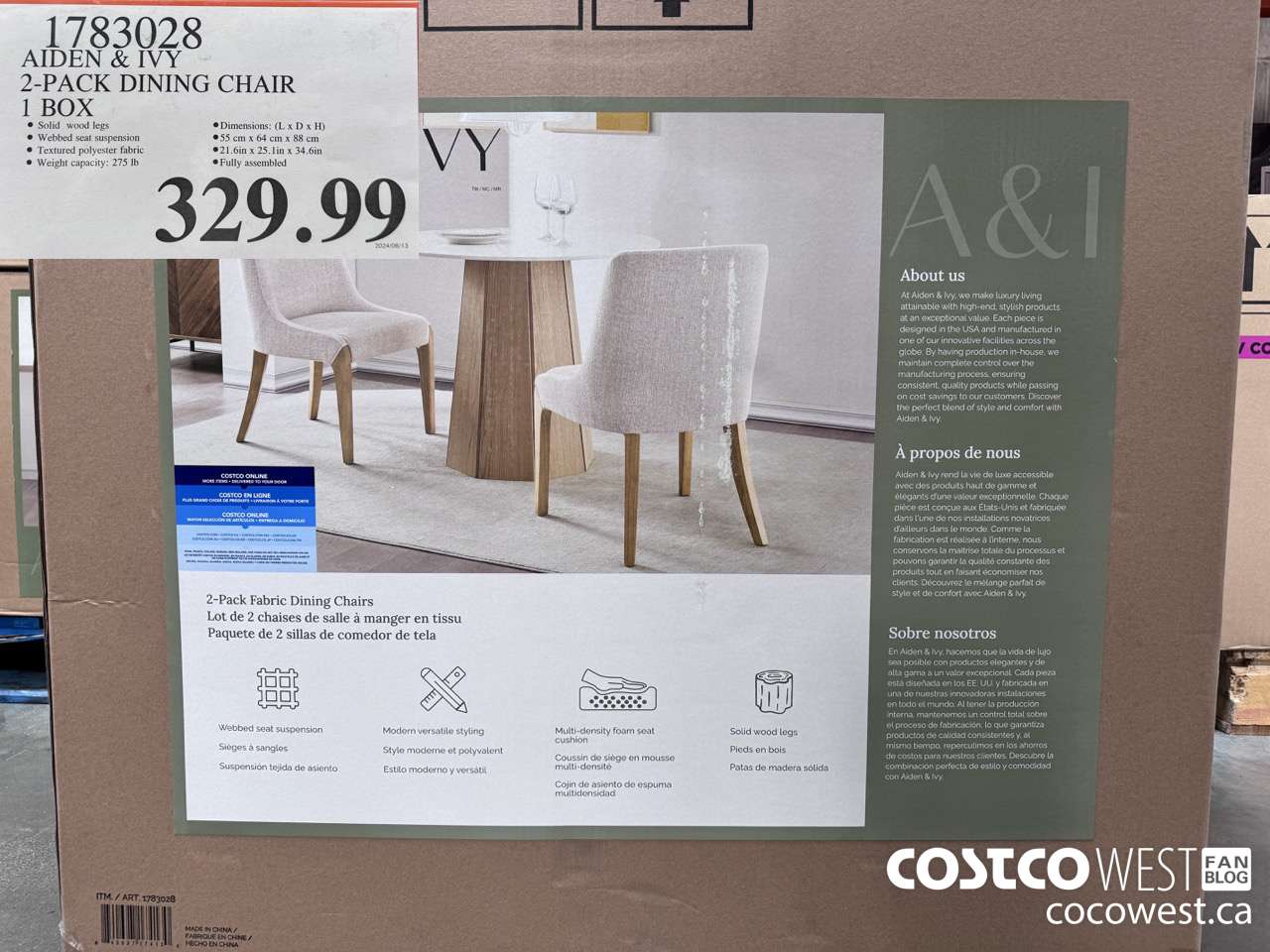 1783028 AIDEN & IVY 2-PACK DINING CHAIR 1 BOX $329.99