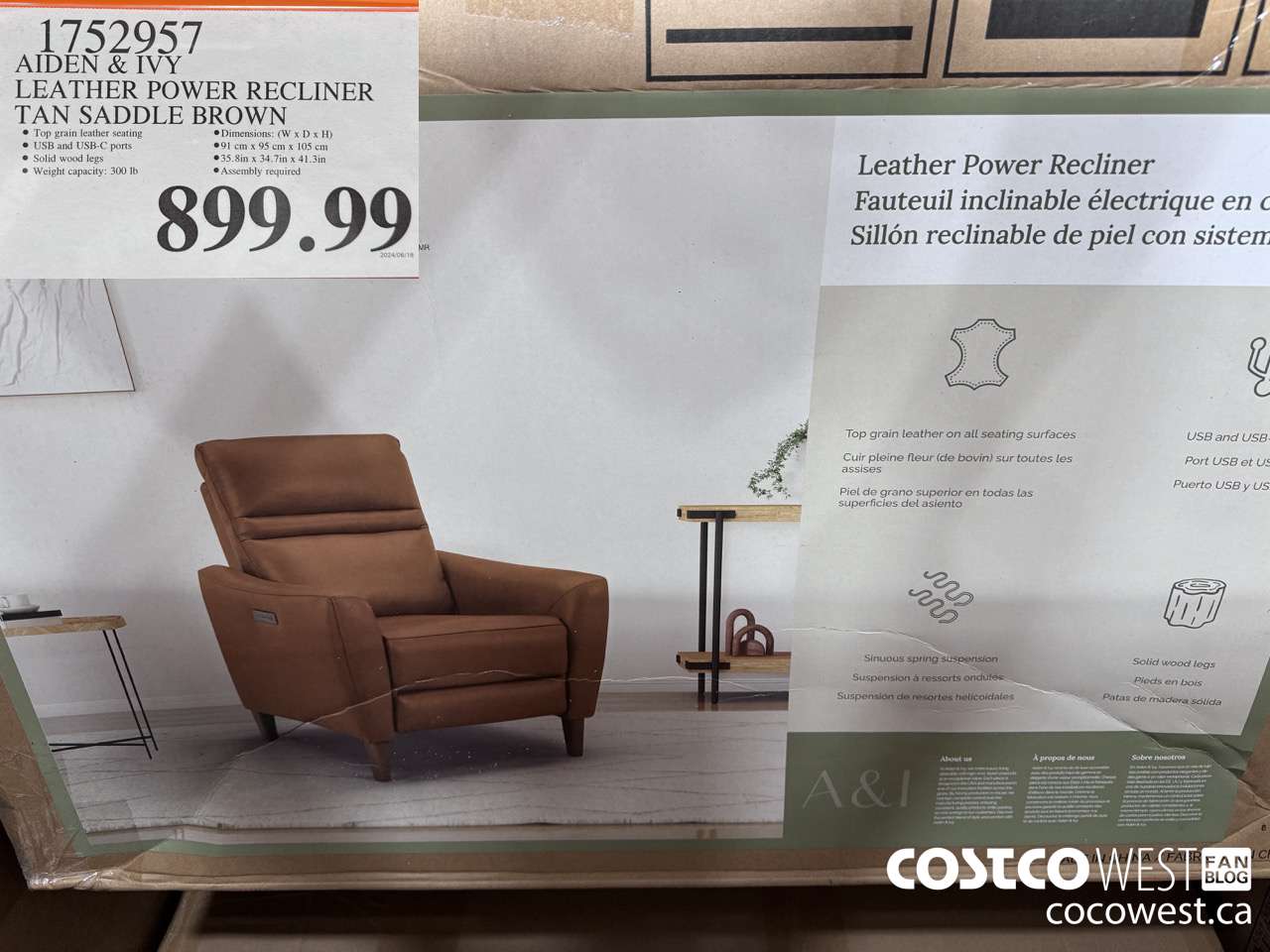 1752957 AIDEN & IVY LEATHER POWER RECLINER TAN SADDLE BROWN $899.99