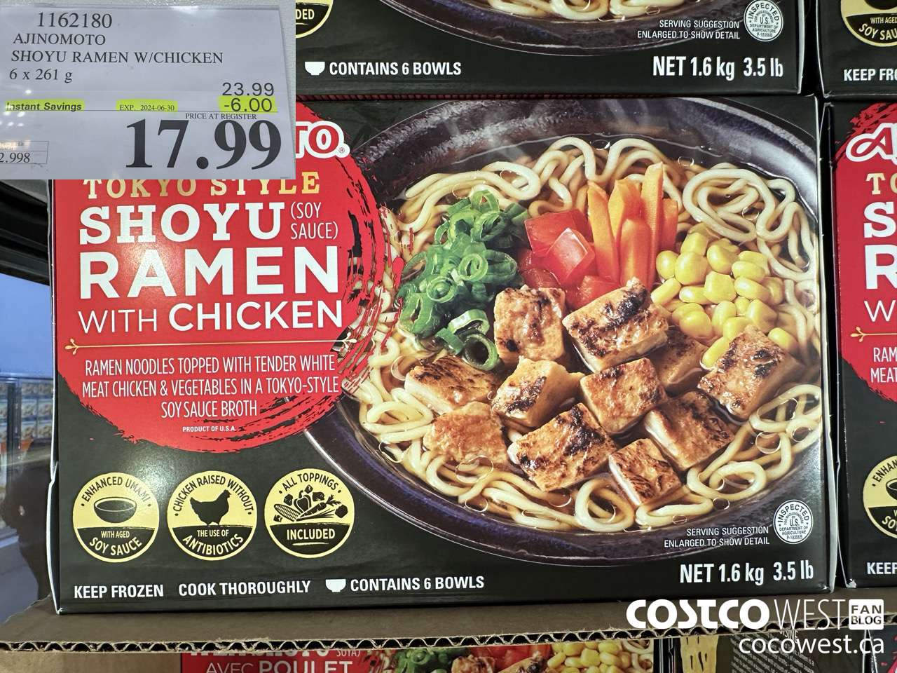 1162180 AJINOMOTO SHOYU RAMEN W/CHICKEN 6 x 261 g ($6.00 INSTANT SAVINGS EXPIRES ON 2024-06-30) $17.99