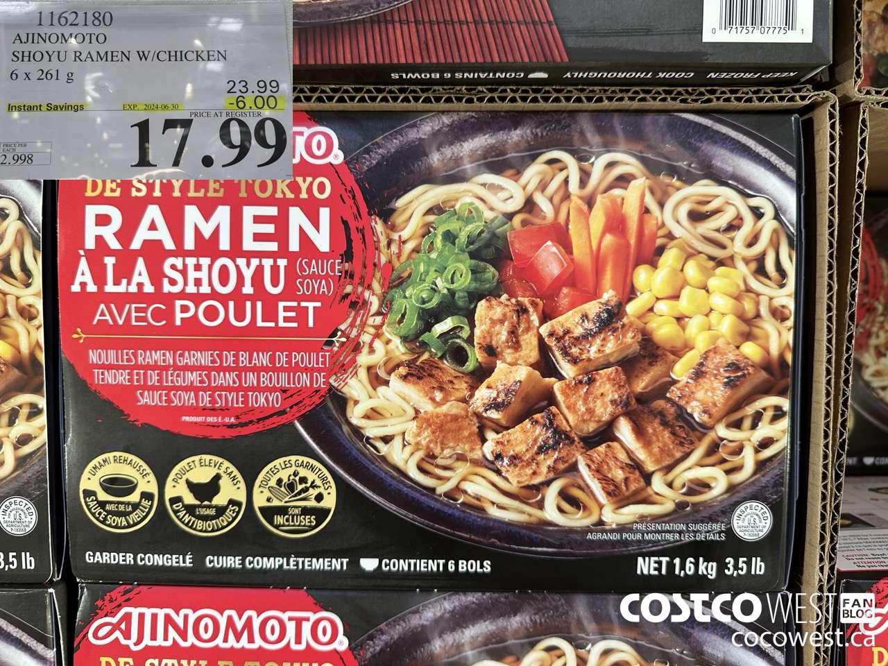 1162180 AJINOMOTO SHOYU RAMEN W/CHICKEN 6 x 261 g ($6.00 INSTANT SAVINGS EXPIRES ON 2024-06-30) $17.99