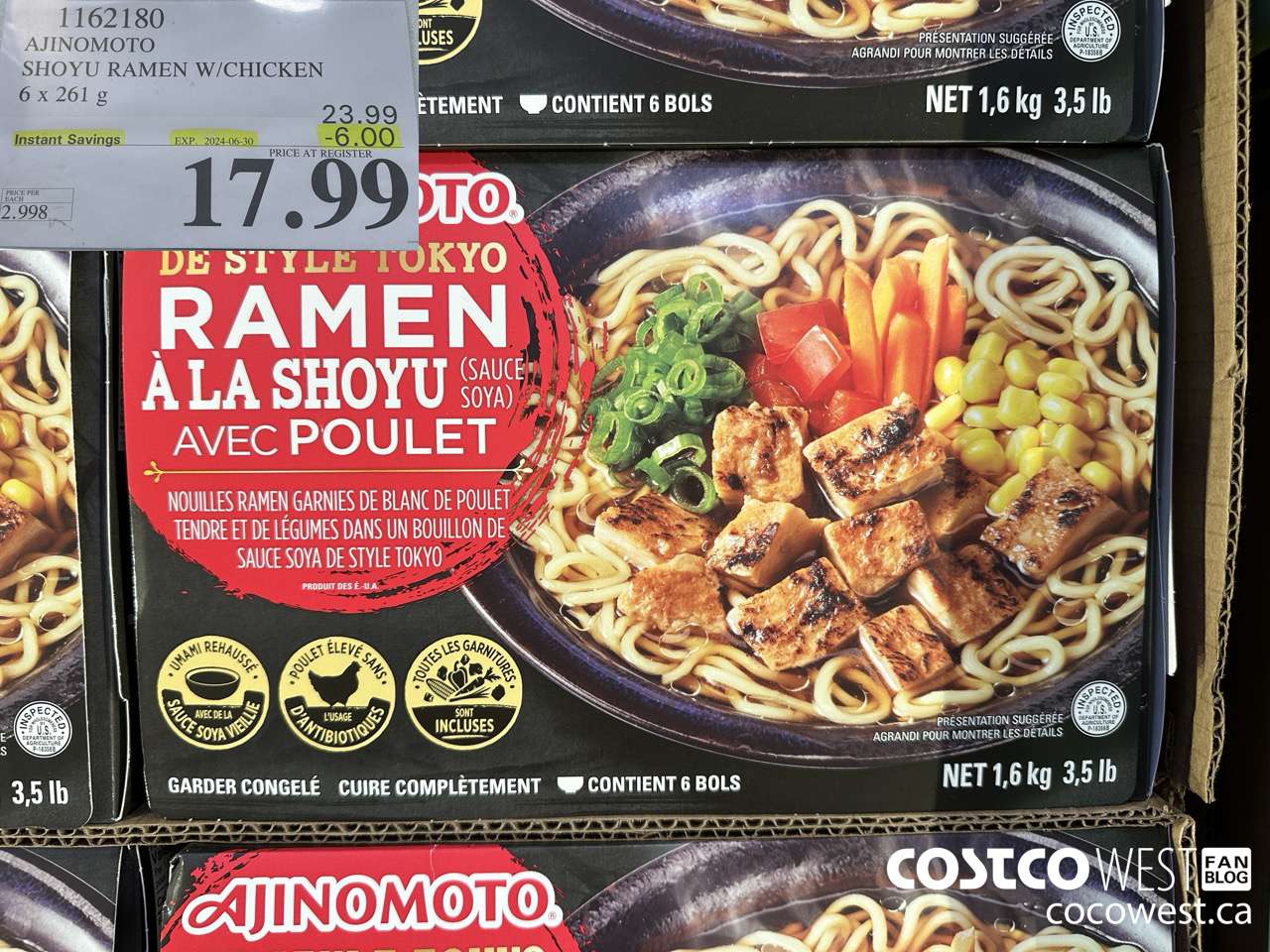 1162180 AJINOMOTO SHOYU RAMEN W/CHICKEN 6 x 261 g ($6.00 INSTANT SAVINGS EXPIRES ON 2024-06-30) $17.99