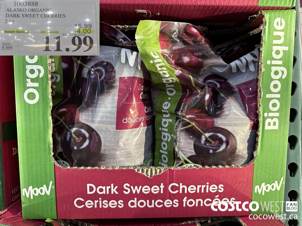 1003888 ALASKO ORGANIC DARK SWEET CHERRIES 2 kg ($4.00 INSTANT SAVINGS EXPIRES ON 2024-06-09) $11.99
