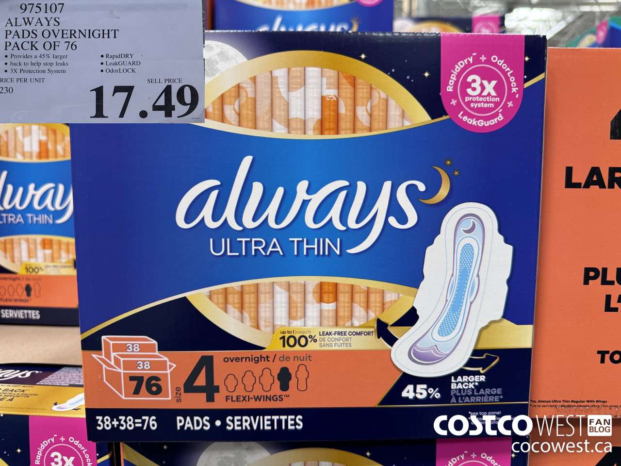 975107 ALWAYS ULTRA THIN PADS OVERNIGHT BOX OF 76 $17.49