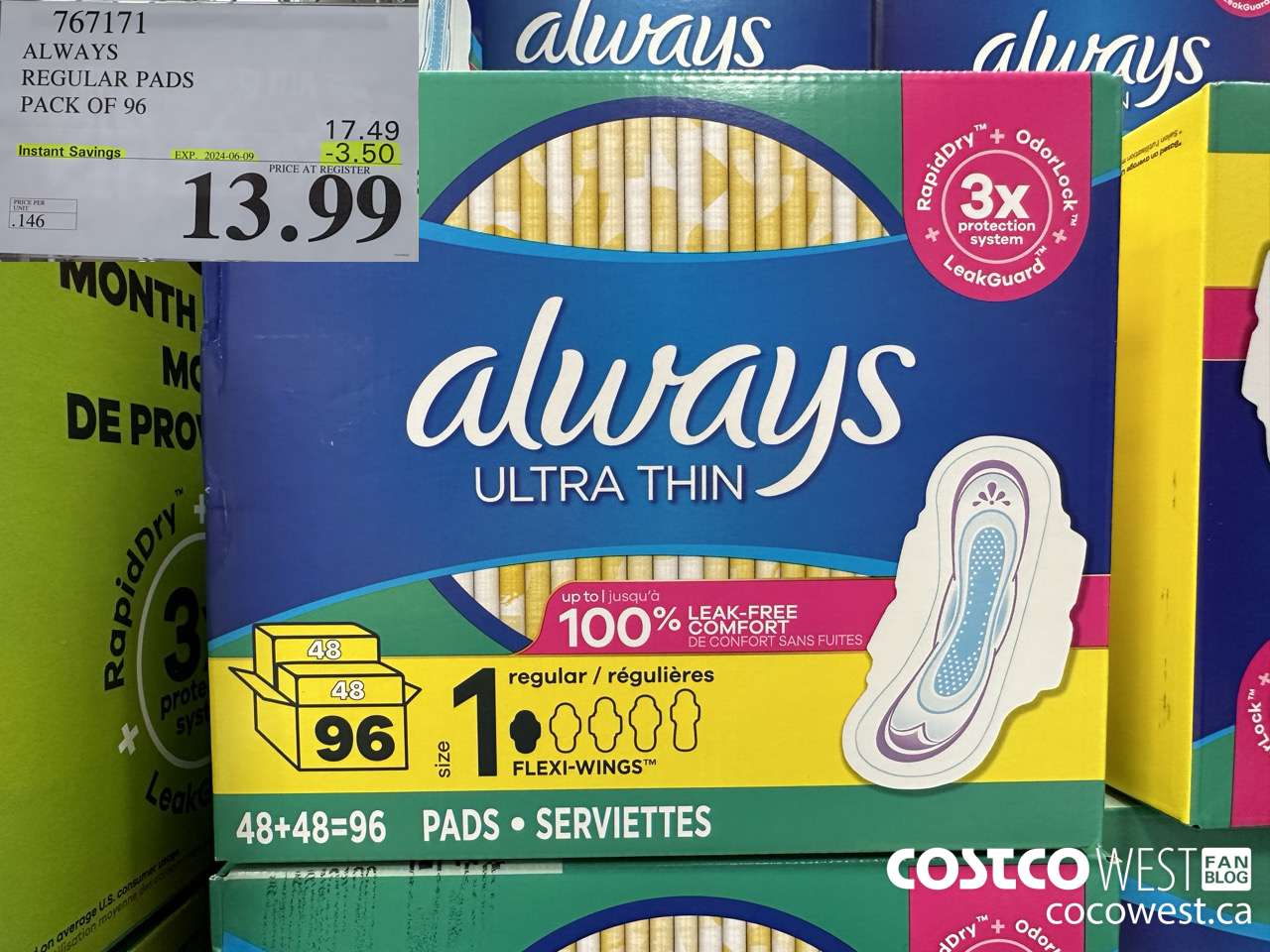 767171 ALWAYS ULTRA THIN PADS REGULAR 96CT ($3.50 INSTANT SAVINGS EXPIRES ON 2024-06-09) $13.99
