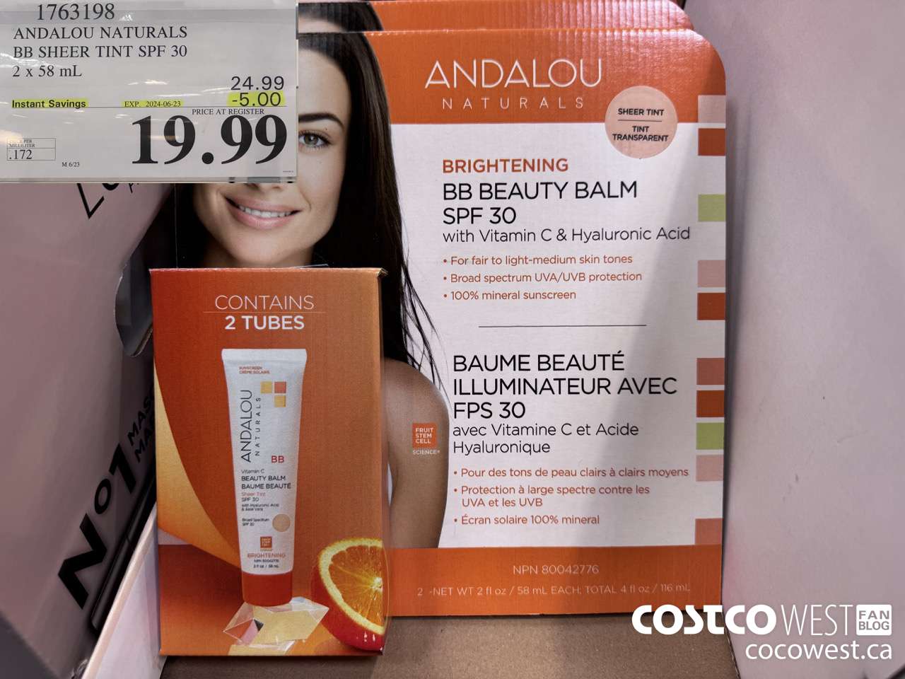 1763198 ANDALOU NATURALS BB SHEER TINT SPF 30 2 X 58 mL ($5.00 INSTANT SAVINGS EXPIRES ON 2024-06-23) $19.99