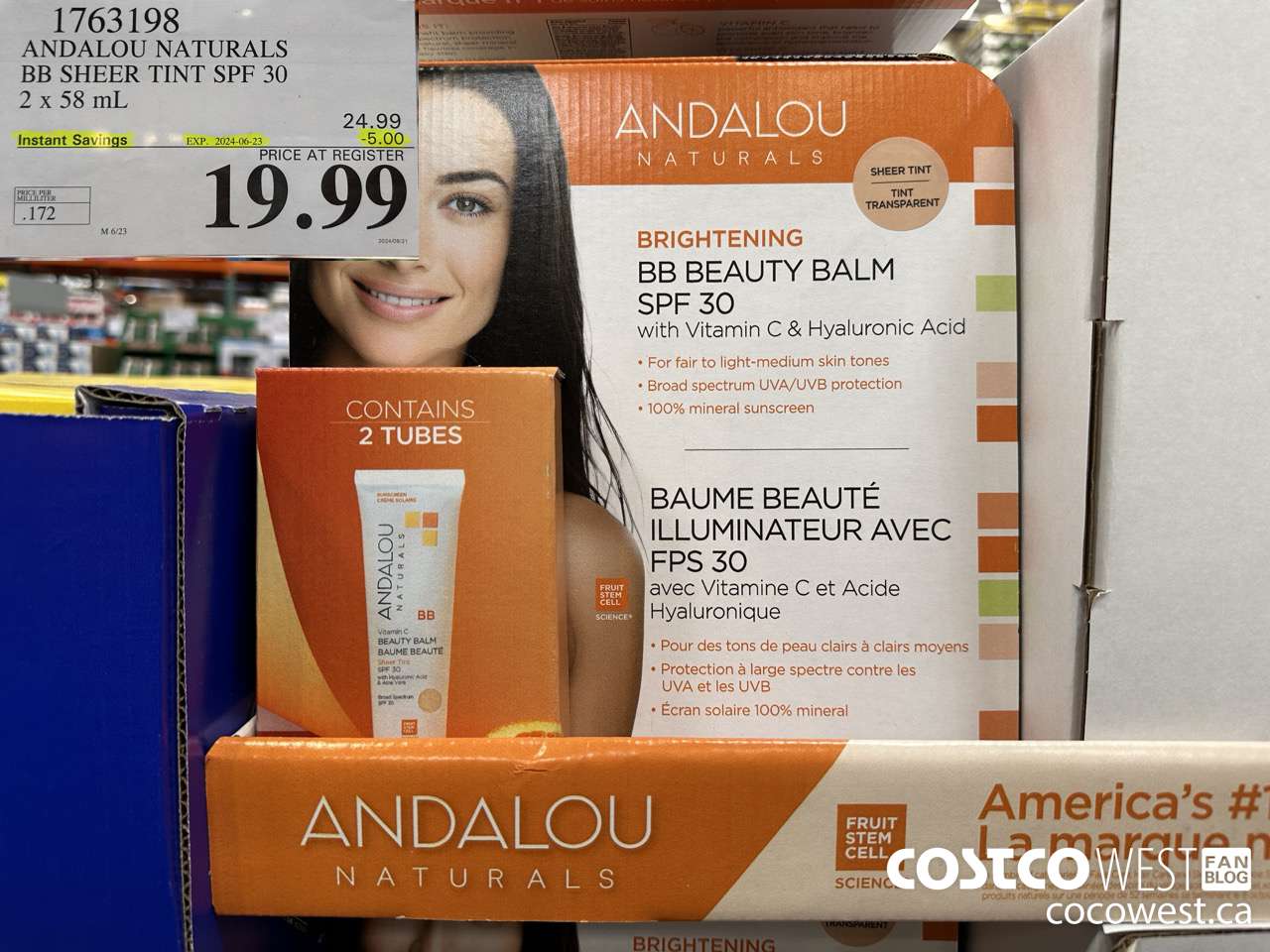 1763198 ANDALOU NATURALS BB SHEER TINT SPF 30 2 X 58 mL ($5.00 INSTANT SAVINGS EXPIRES ON 2024-06-23) $19.99