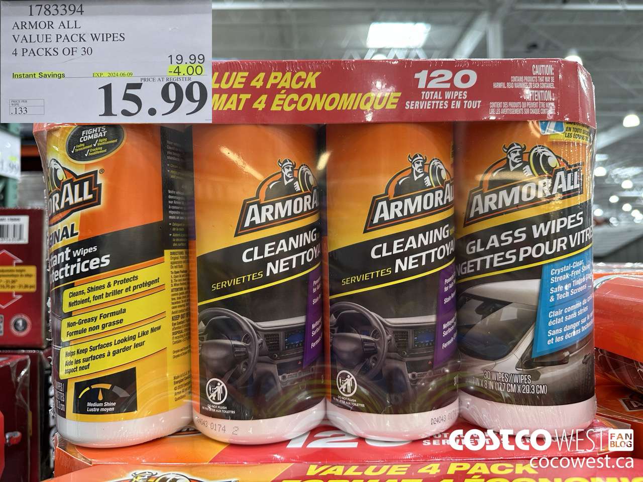 1783394 ARMOR ALL VALUE PACK WIPES 4 PACKS OF 30 ($4.00 INSTANT SAVINGS EXPIRES ON 2024-06-09) $15.99