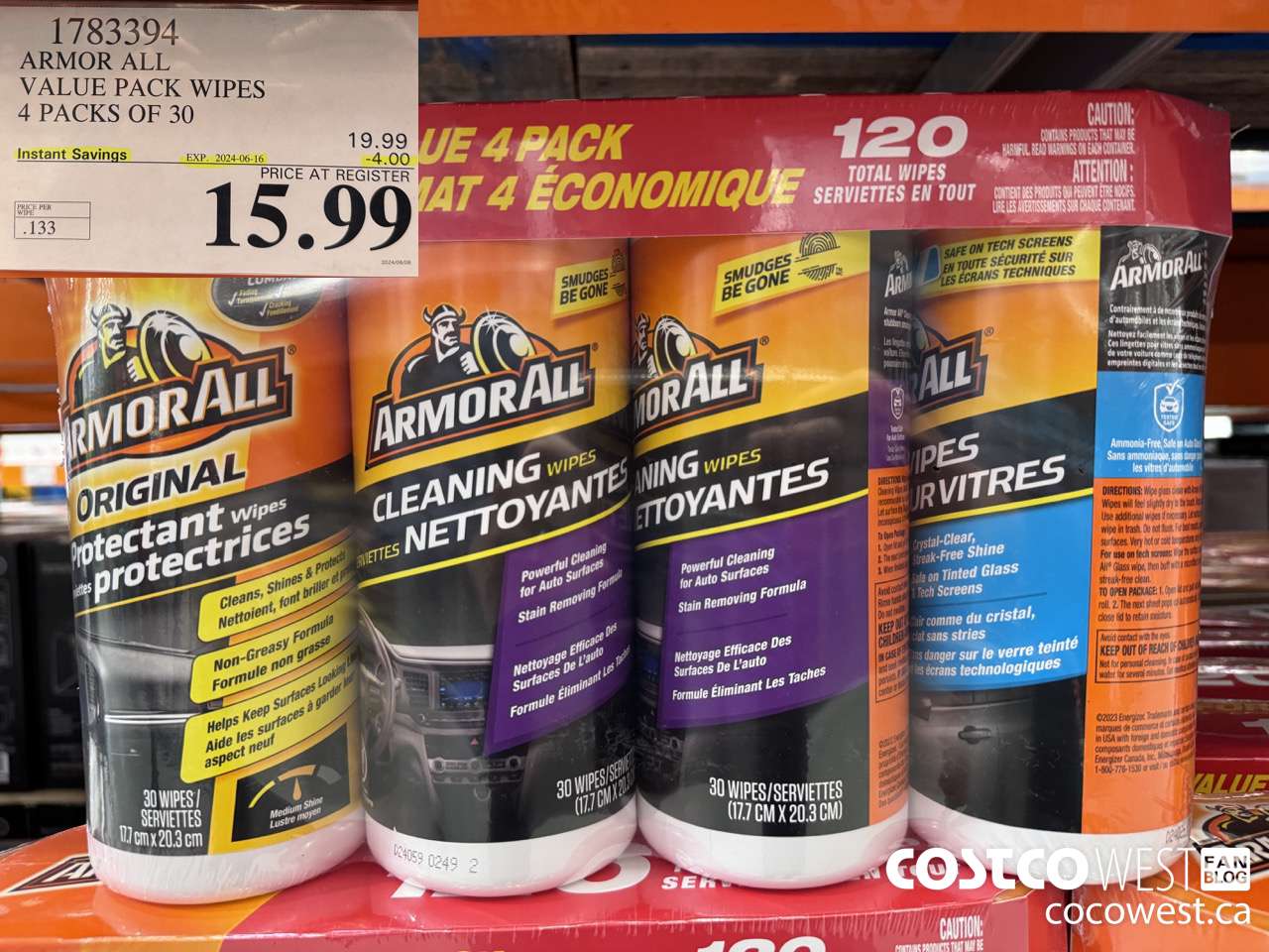 1783394 ARMOR ALL VALUE PACK WIPES 4 PACKS OF 30 ($4.00 INSTANT SAVINGS EXPIRES ON 2024-06-16) $15.99