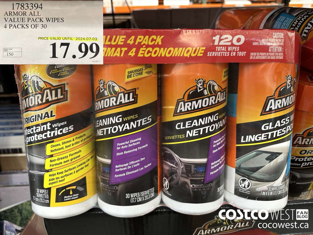 1783394 ARMOR ALL VALUE PACK WIPES 4 PACKS OF 30 (EXPIRES ON 2024-07-03) $17.99