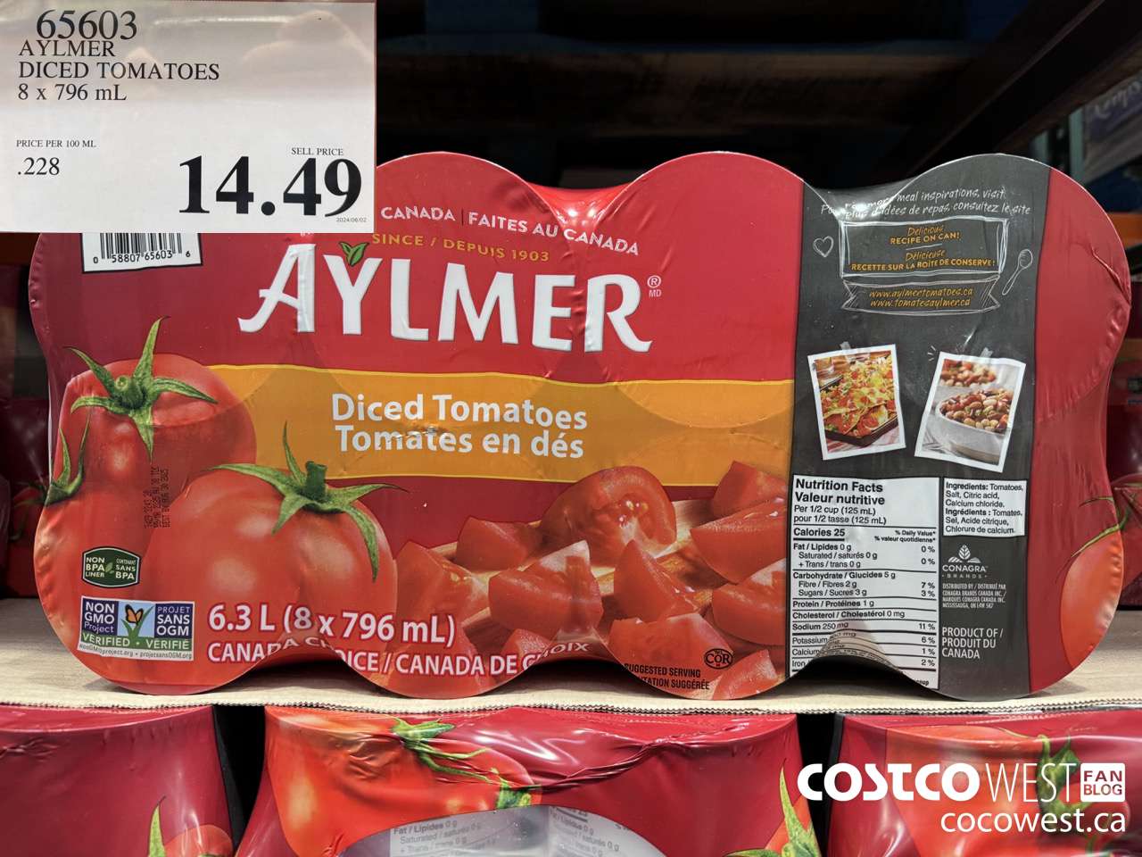 65603 AYLMER DICED TOMATOES 8 X 796 ML $14.49