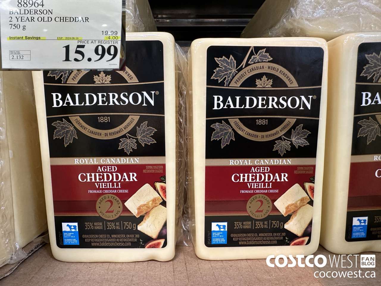 88964 BALDERSON 2 YEAR OLD CHEDDAR 750 g ($4.00 INSTANT SAVINGS EXPIRES ON 2024-06-16) $15.99