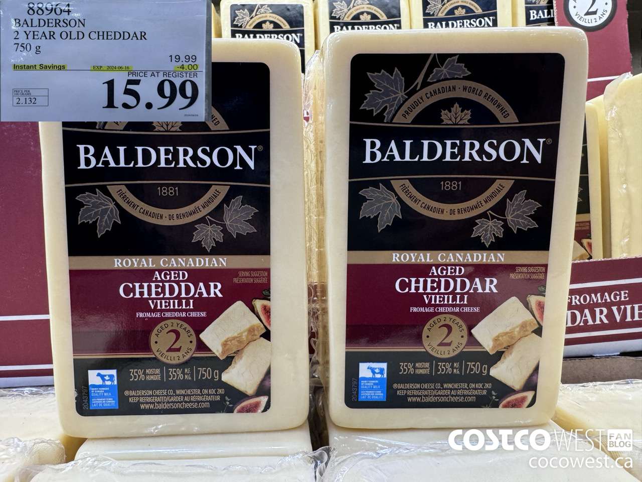 88964 BALDERSON 2 YEAR OLD CHEDDAR 750 g ($4.00 INSTANT SAVINGS EXPIRES ON 2024-06-16) $15.99