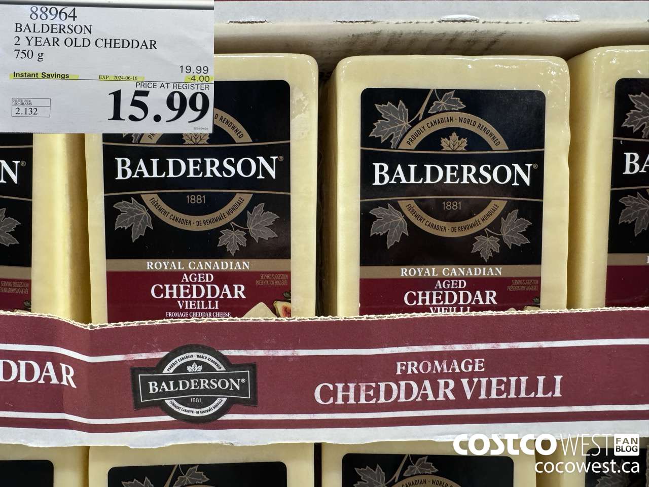 88964 BALDERSON 2 YEAR OLD CHEDDAR 750 g ($4.00 INSTANT SAVINGS EXPIRES ON 2024-06-16) $15.99