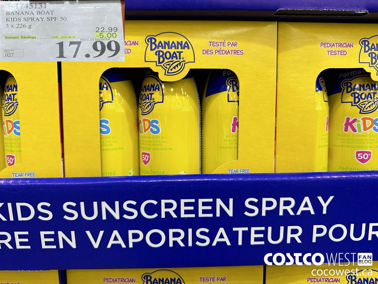 1745131 BANANA BOAT KIDS SPRAY SPF 50 3 X 226 G ($5.00 INSTANT SAVINGS EXPIRES ON 2024-06-30) $17.99