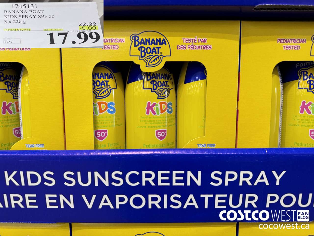1745131 BANANA BOAT KIDS SPRAY SPF 50 3 X 226 G ($5.00 INSTANT SAVINGS EXPIRES ON 2024-07-07) $17.99