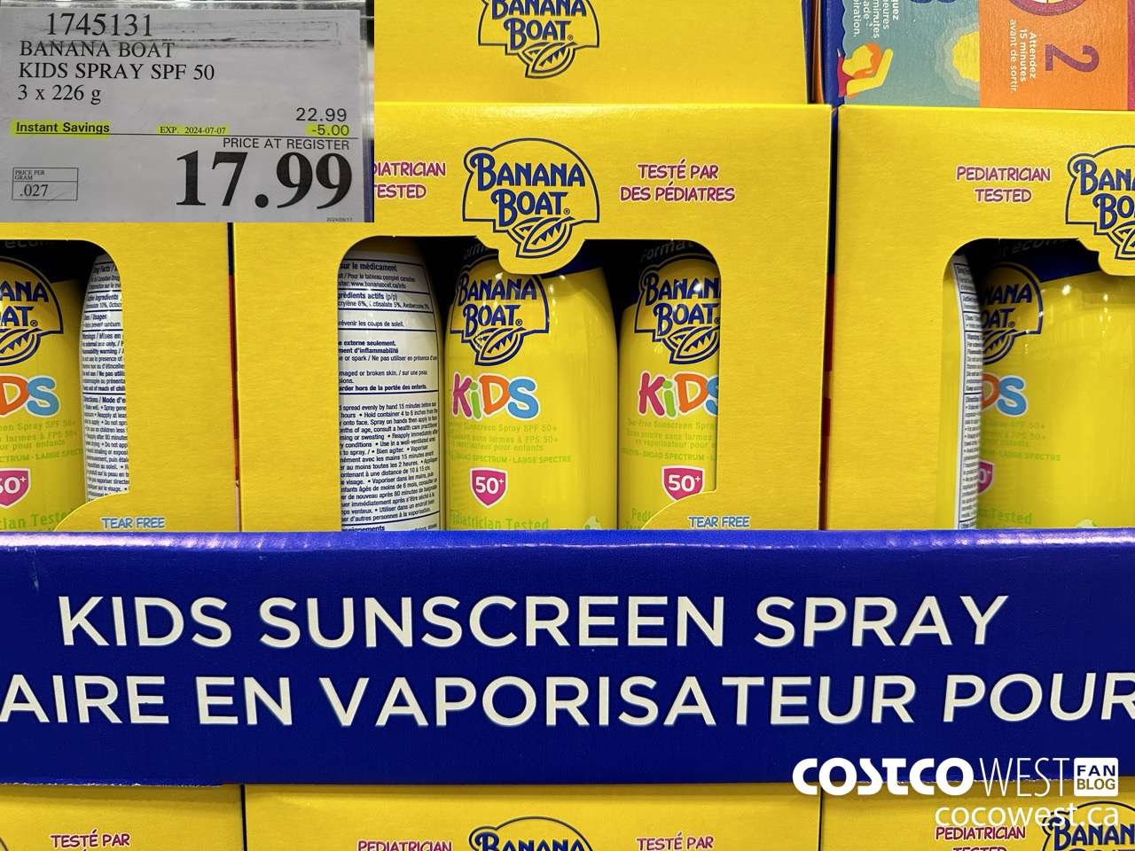 1745131 BANANA BOAT KIDS SPRAY SPF 50 3 X 226 G ($5.00 INSTANT SAVINGS EXPIRES ON 2024-07-07) $17.99