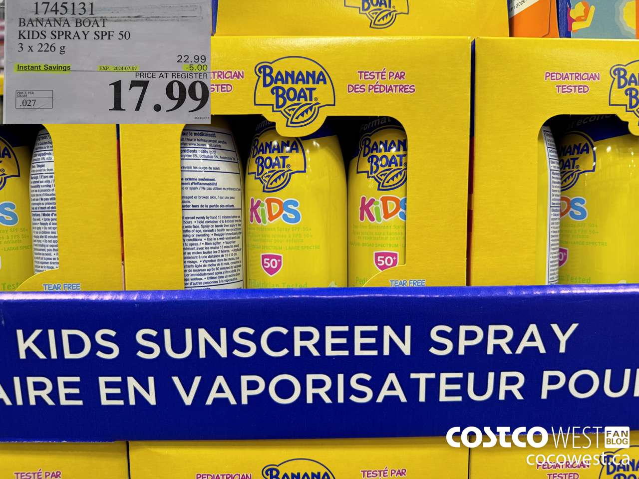 1745131 BANANA BOAT KIDS SPRAY SPF 50 3 X 226 G ($5.00 INSTANT SAVINGS EXPIRES ON 2024-07-07) $17.99