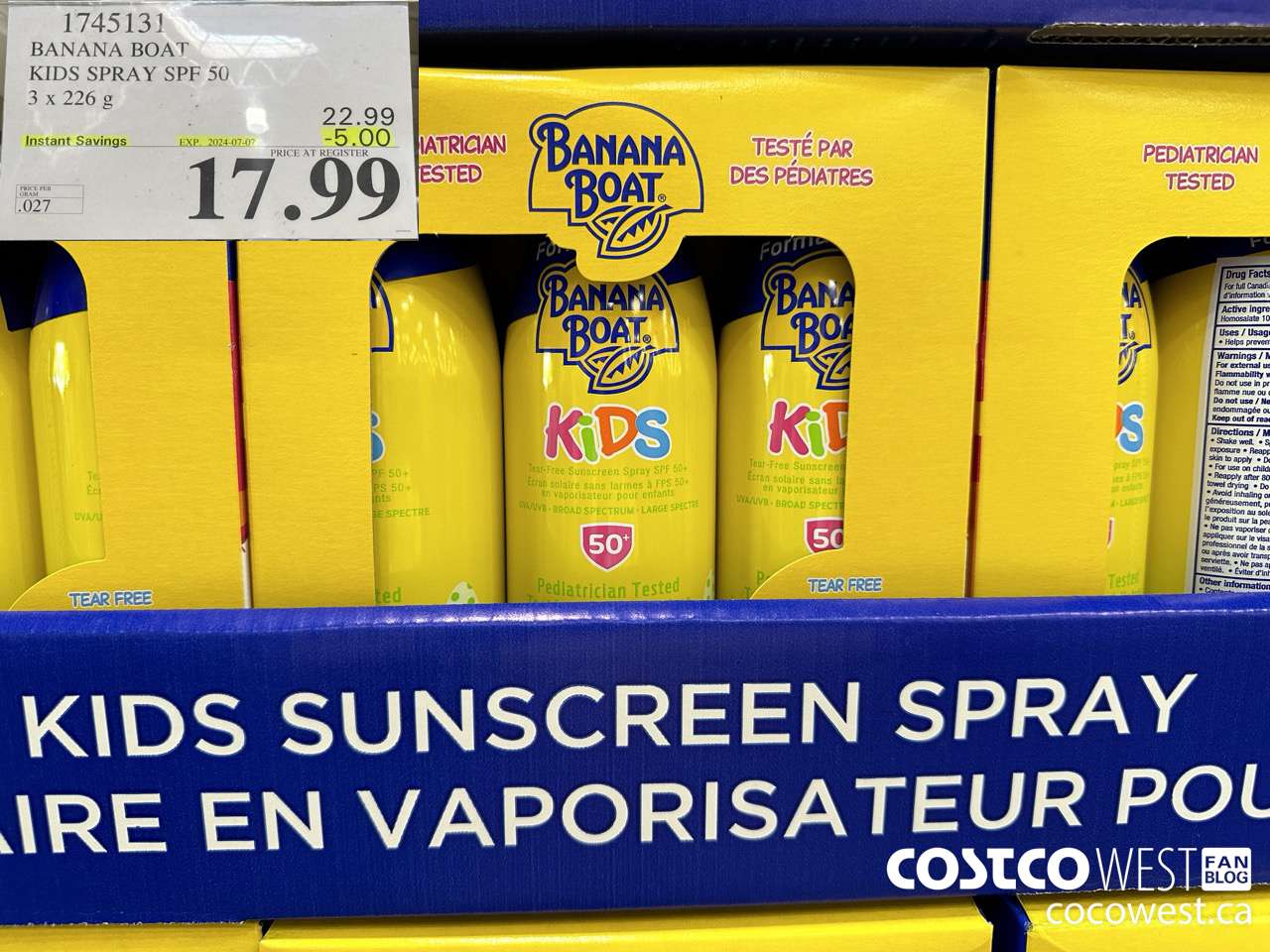 1745131 BANANA BOAT KIDS SPRAY SPF 50 3 X 226 G ($5.00 INSTANT SAVINGS EXPIRES ON 2024-07-07) $17.99
