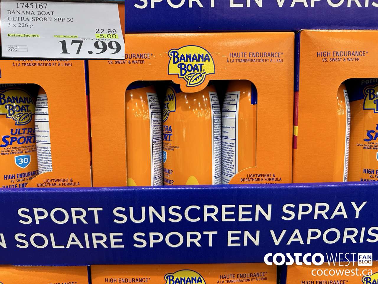 1745167 BANANA BOAT ULTRA SPORT SPF 30 3 X 226 G ($5.00 INSTANT SAVINGS EXPIRES ON 2024-06-30) $17.99