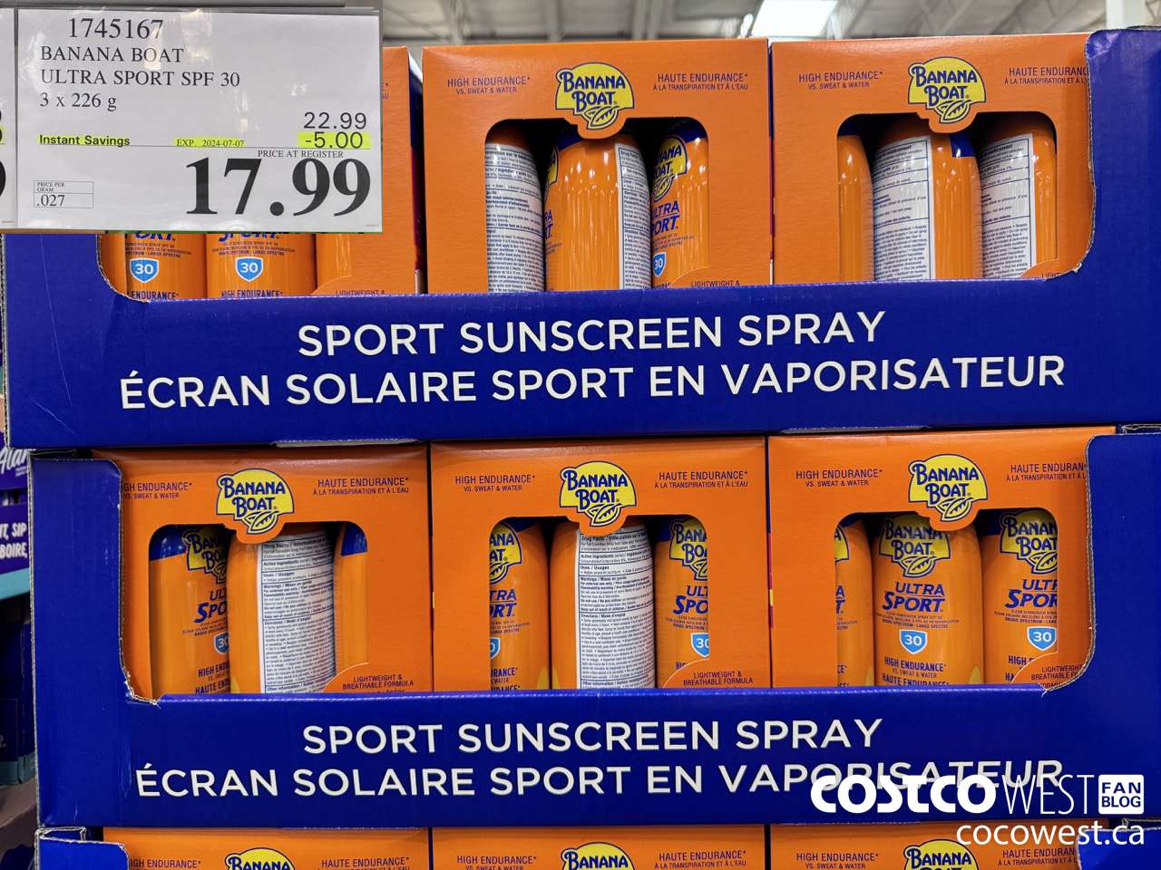 1745167 BANANA BOAT ULTRA SPORT SPF 30 3 X 226 G ($5.00 INSTANT SAVINGS EXPIRES ON 2024-07-07) $17.99