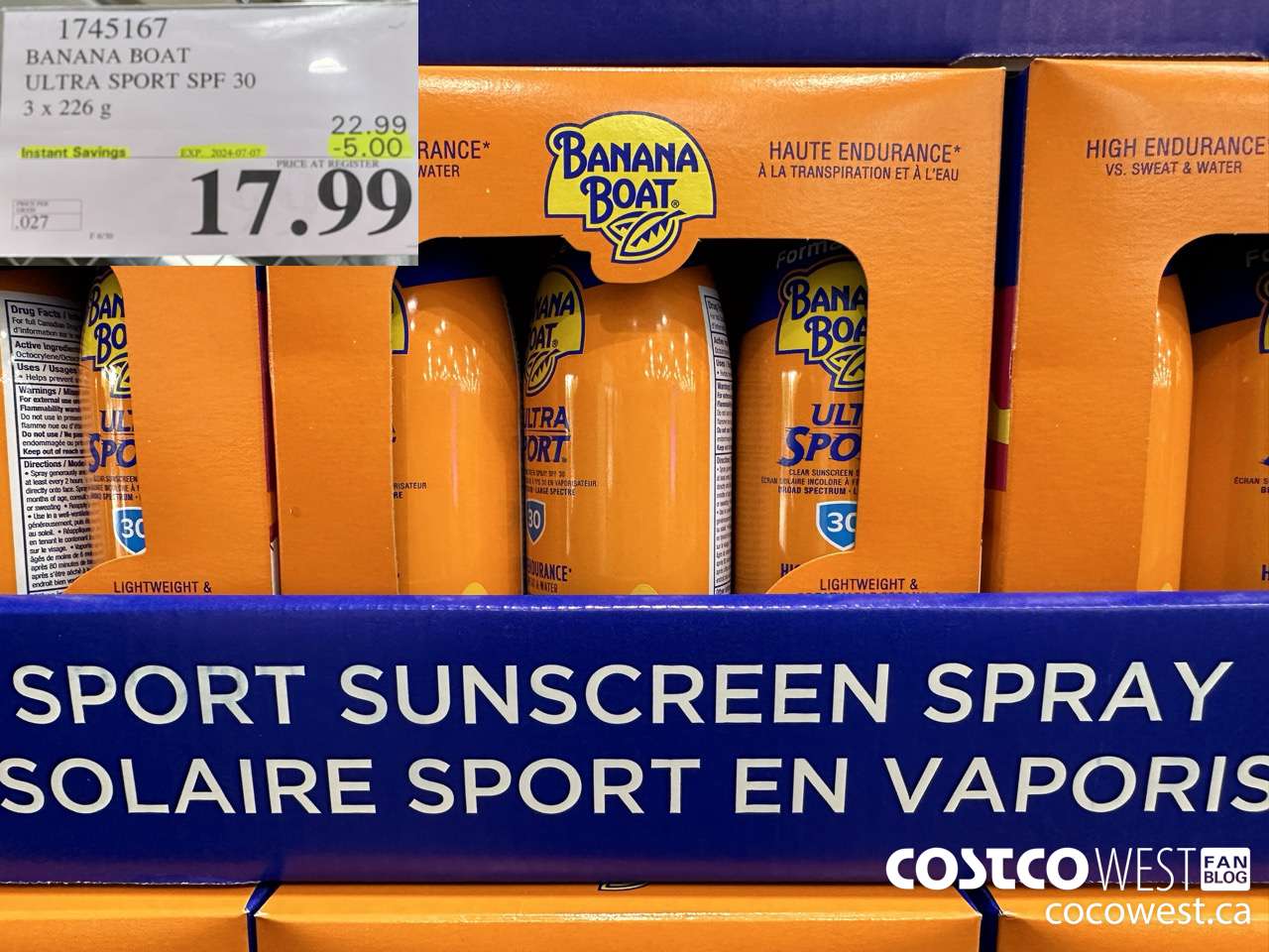 1745167 BANANA BOAT ULTRA SPORT SPF 30 3 X 226 G ($5.00 INSTANT SAVINGS EXPIRES ON 2024-07-07) $17.99