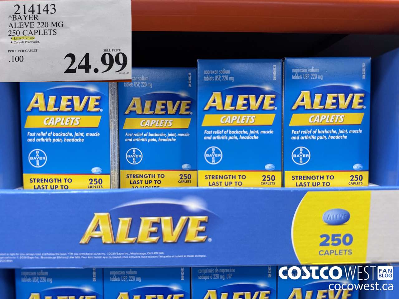 214143 BAYER ALEVE 220 MG 250 CAPLETS $24.99